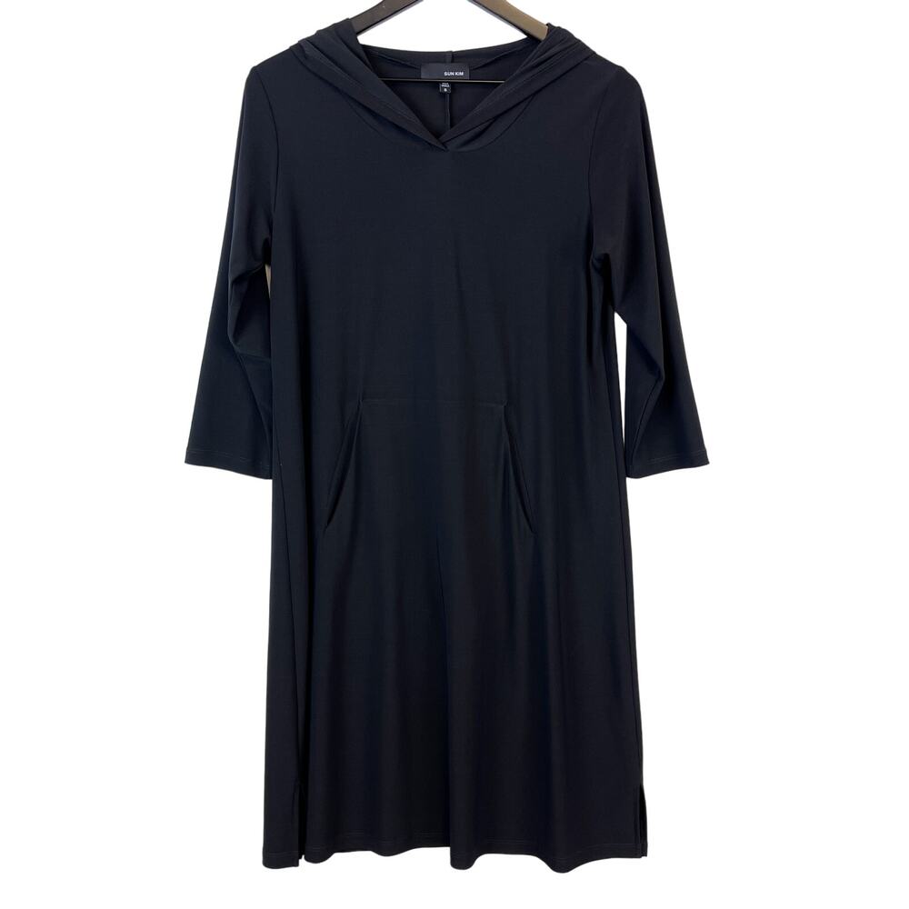 Sun Kim Size S Stretchy Hoodie Knee Length Dress 3/4 Sleeve Black